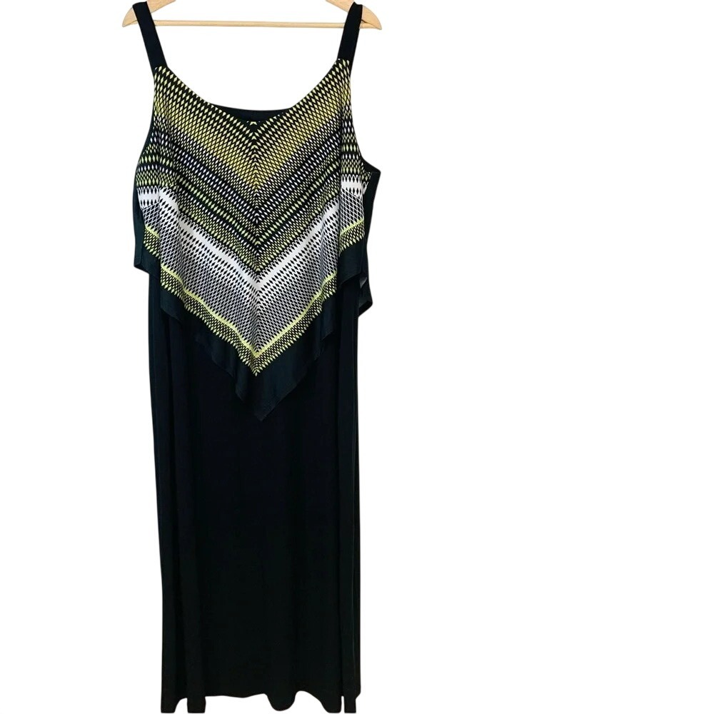 Soho Maxi Dress 2X Overlay Stretch Knit Strappy‎ Black Green Print Travel Boho